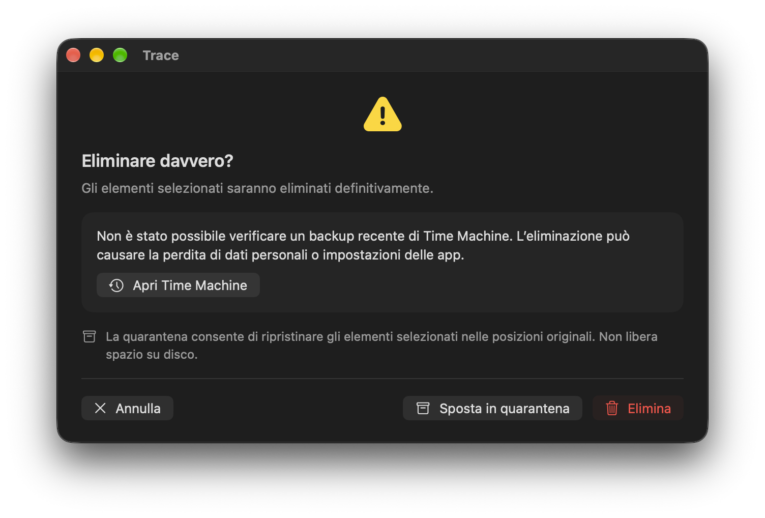 Avviso quando non è possibile confermare un backup recente