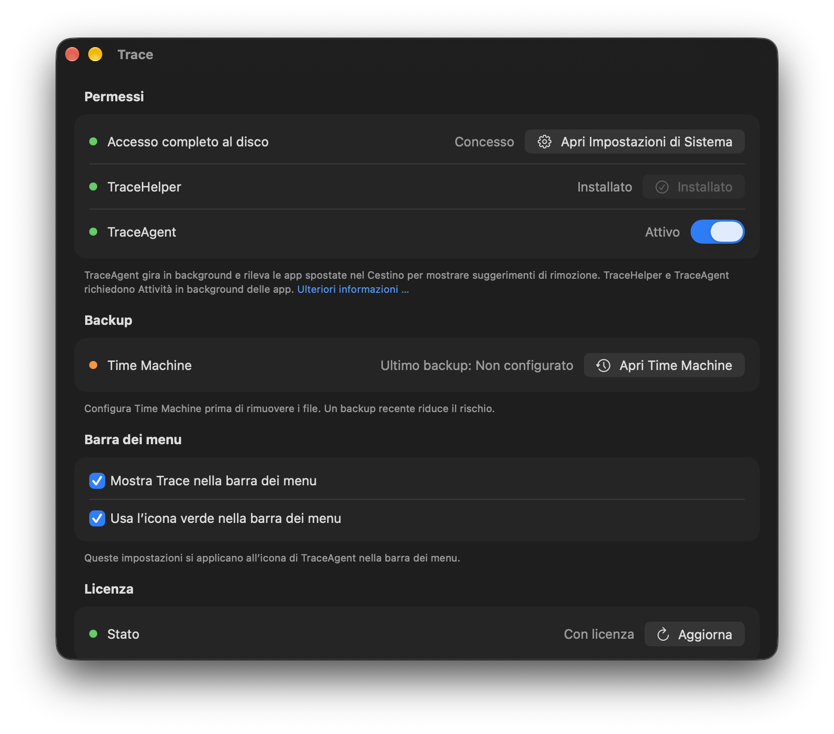 Impostazioni di Trace con stato di Time Machine