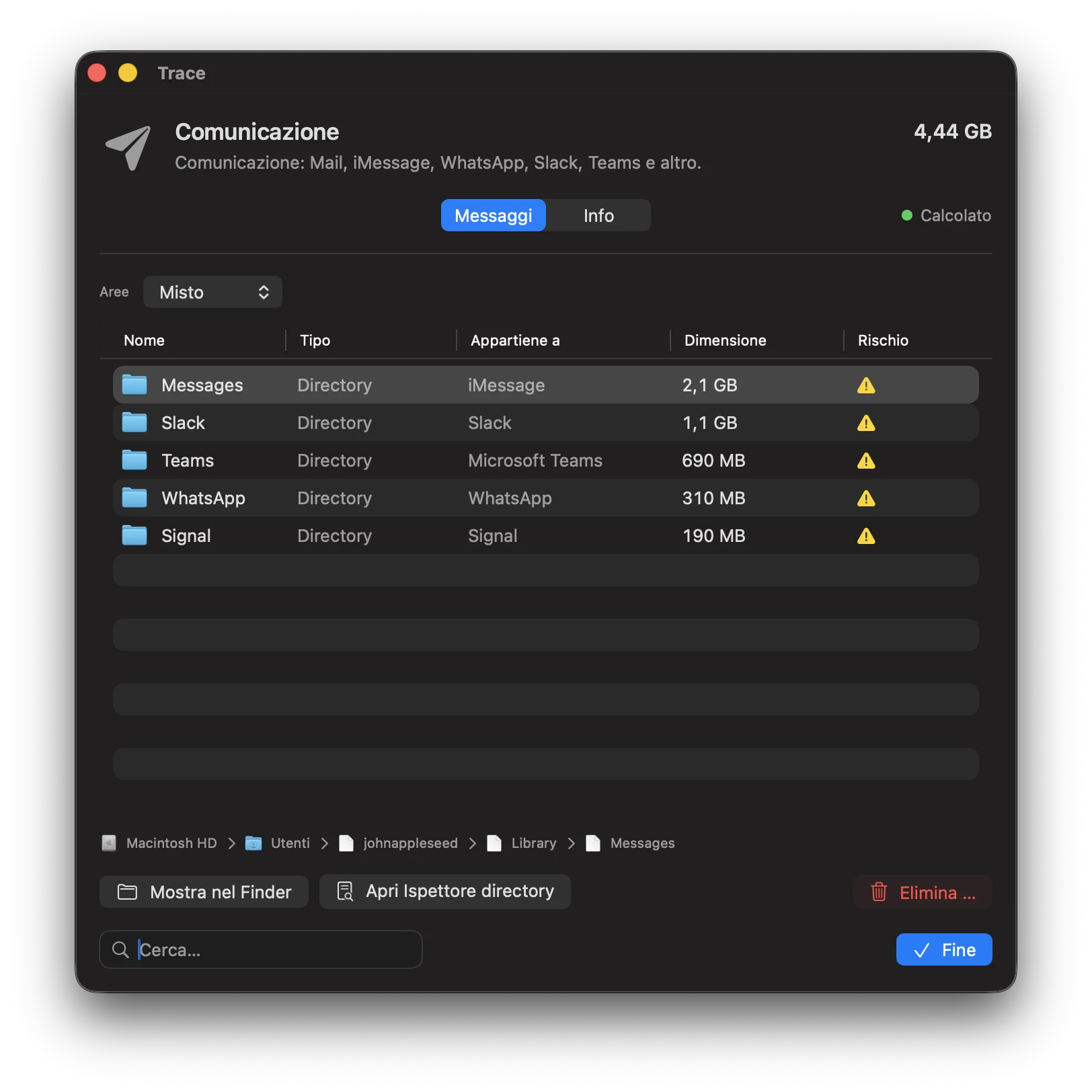 Screenshot: categoria Comunicazione