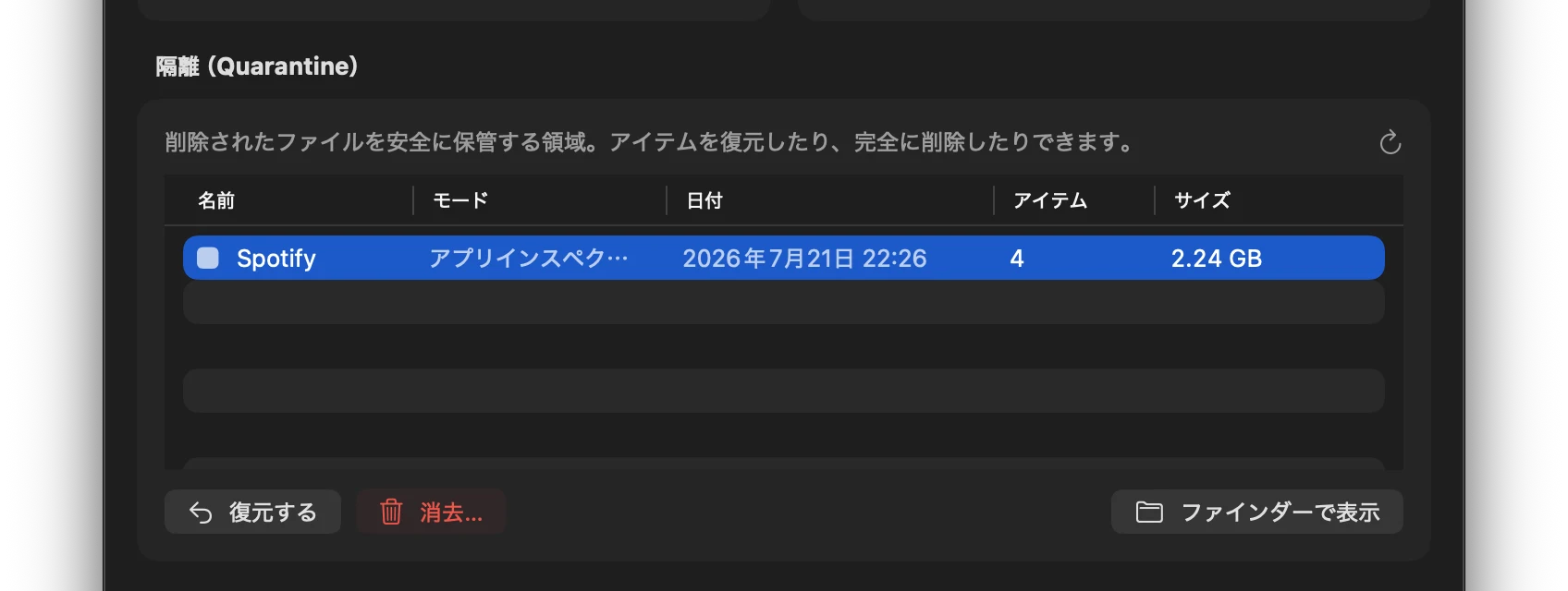 スクリーンショット：隔離項目のあるダッシュボード